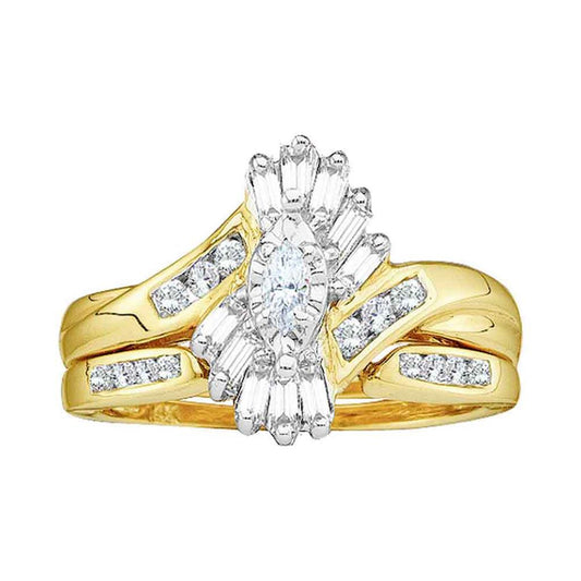 1/2 CTW Natural Marquise Baguette & Round Diamonds Bridal Set in 14K Yellow Gold