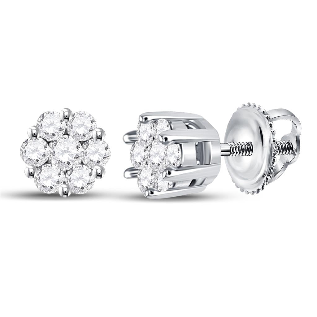 14kt White Gold Round Diamond Flower Cluster Earrings 1/4 Cttw