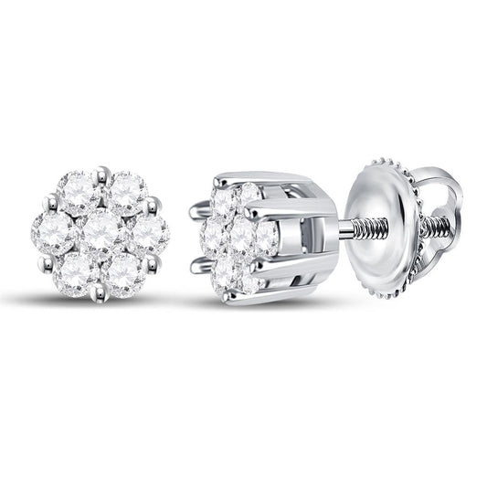 14kt White Gold Round Diamond Flower Cluster Earrings 1/4 Cttw