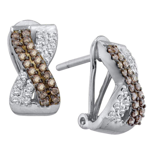 14k White Gold Brown Diamond Crossover Hoop Earrings 1/2 Cttw