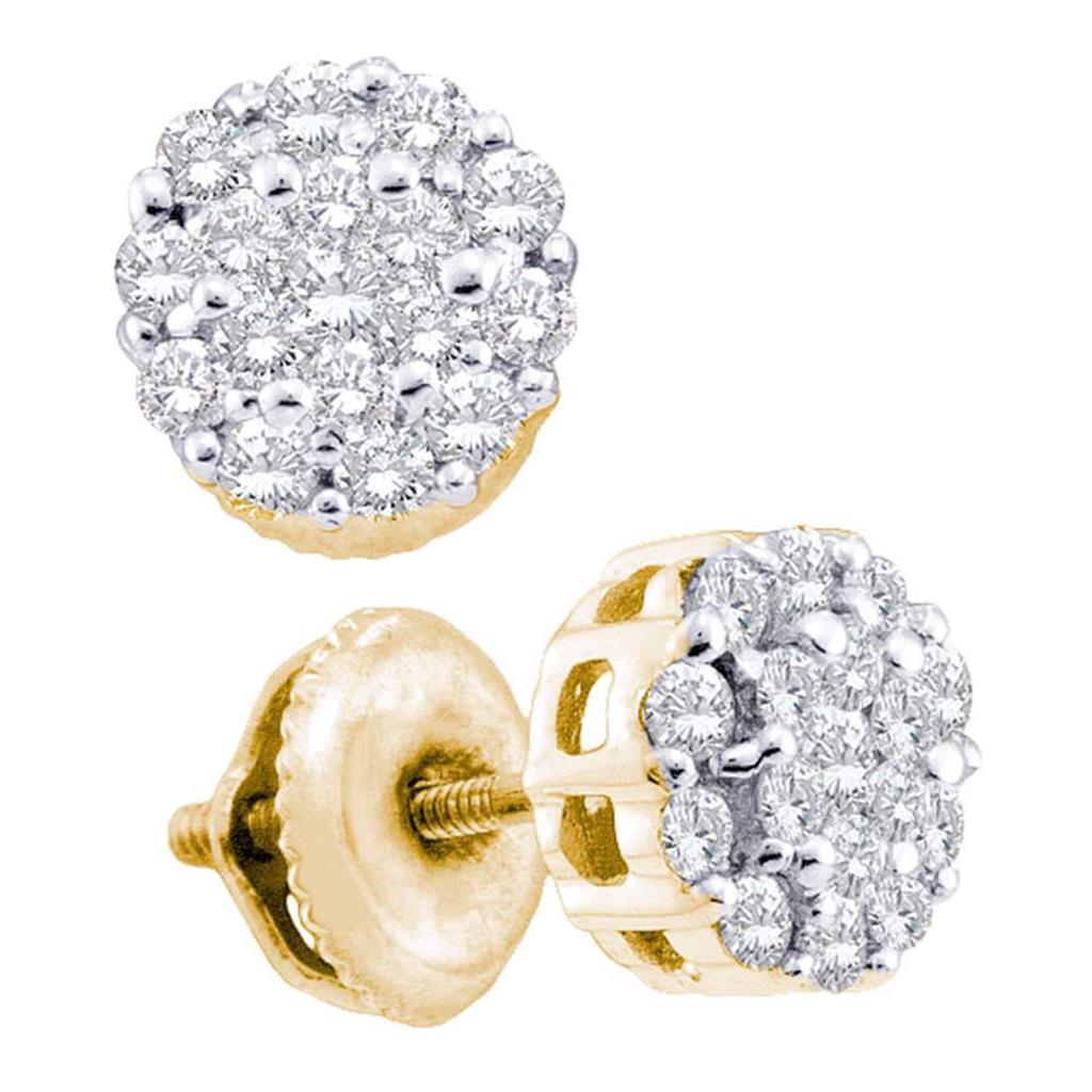 14k Yellow Gold Round Diamond Flower Cluster Earrings 1/2 Cttw