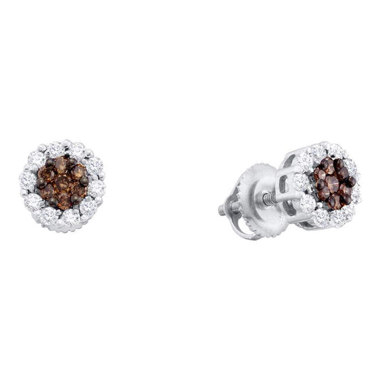 14k White Gold Brown Diamond Halo Flower Cluster Stud Earrings 1/2 Cttw