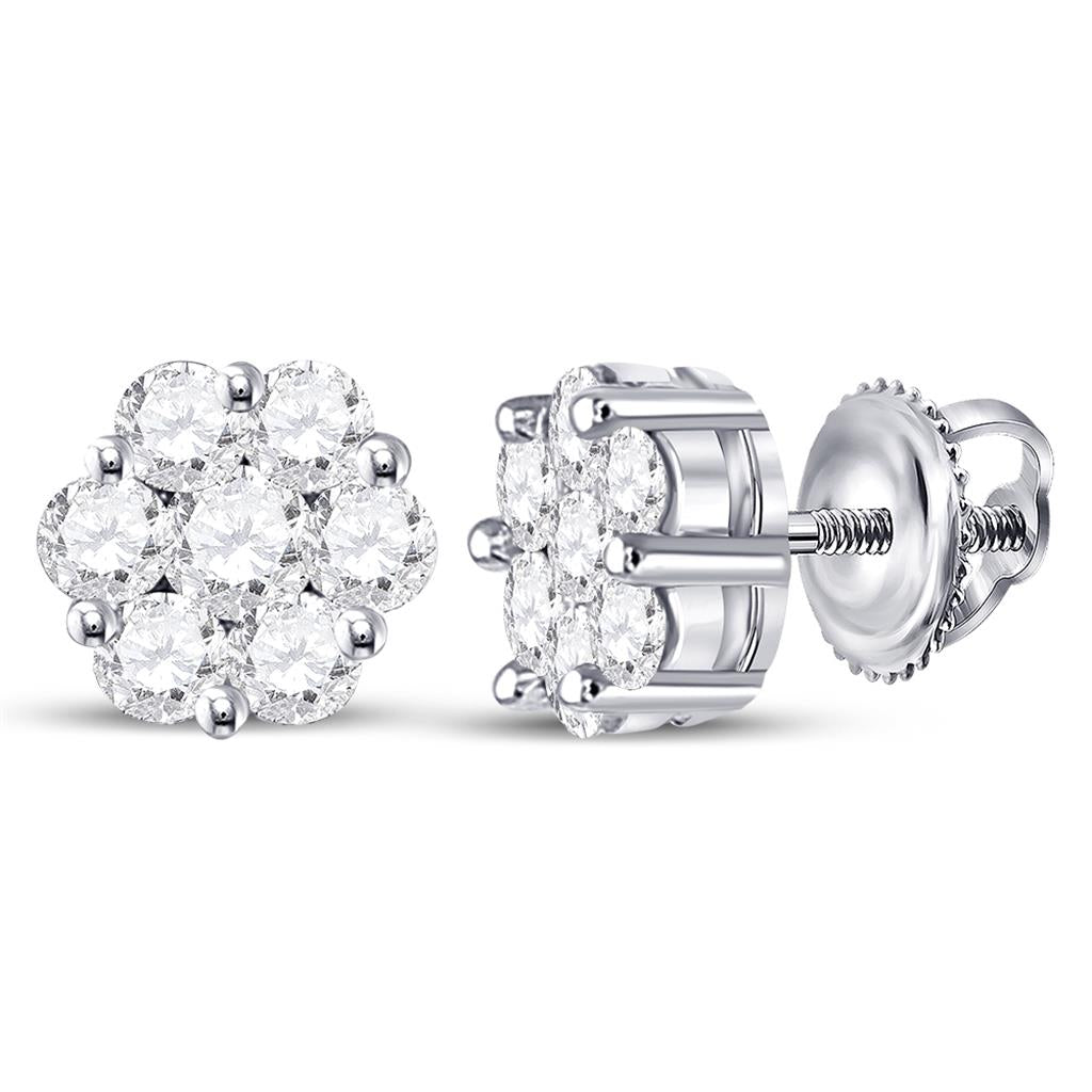 14kt White Gold Round Diamond Flower Cluster Earrings 3/4 Cttw