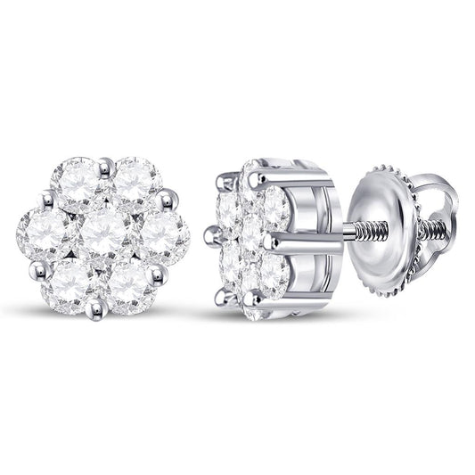 14kt White Gold Round Diamond Flower Cluster Earrings 3/4 Cttw