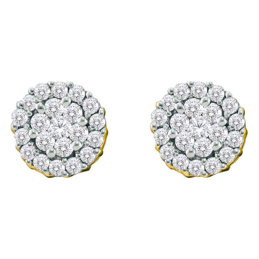 14k Yellow Gold Round Diamond Flower Cluster Earrings 3/4 Cttw
