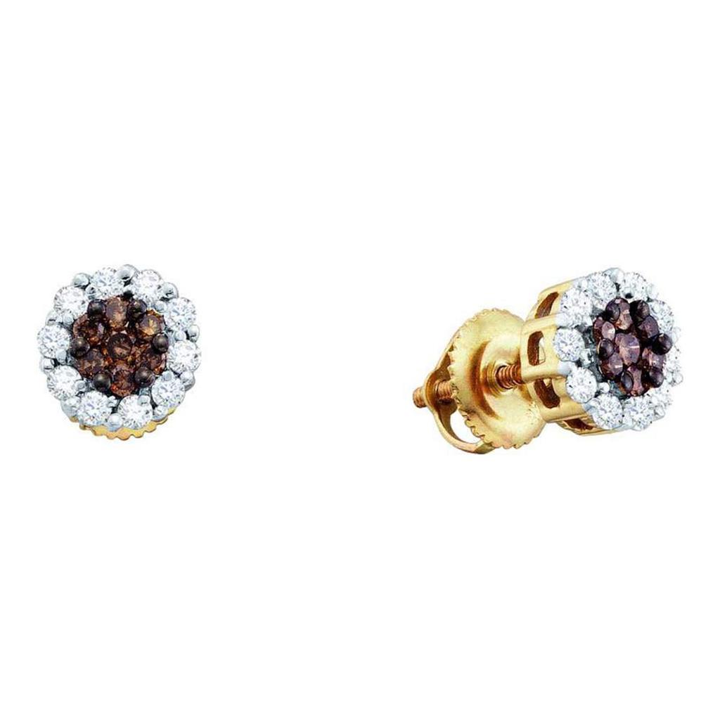 14k Yellow Gold Round Brown Diamond Cluster Earrings 1 Cttw