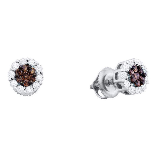 14k White Gold Round Brown Diamond Cluster Earrings 1 Cttw