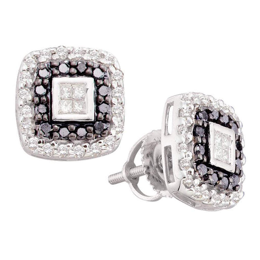 14k White Gold Round Black Diamond Square Stud Earrings 1/2 Cttw