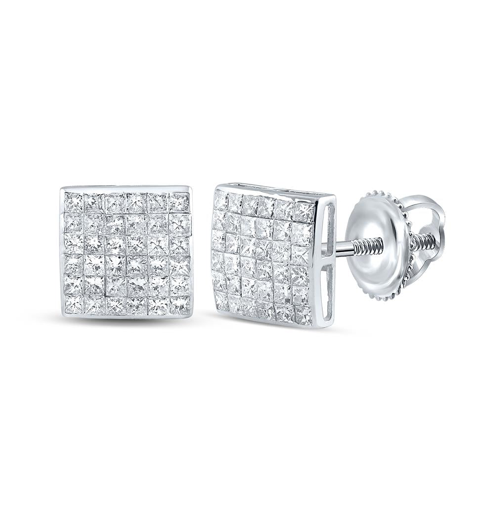 14k White Gold Princess Diamond Square Earrings 1-1/2 Cttw