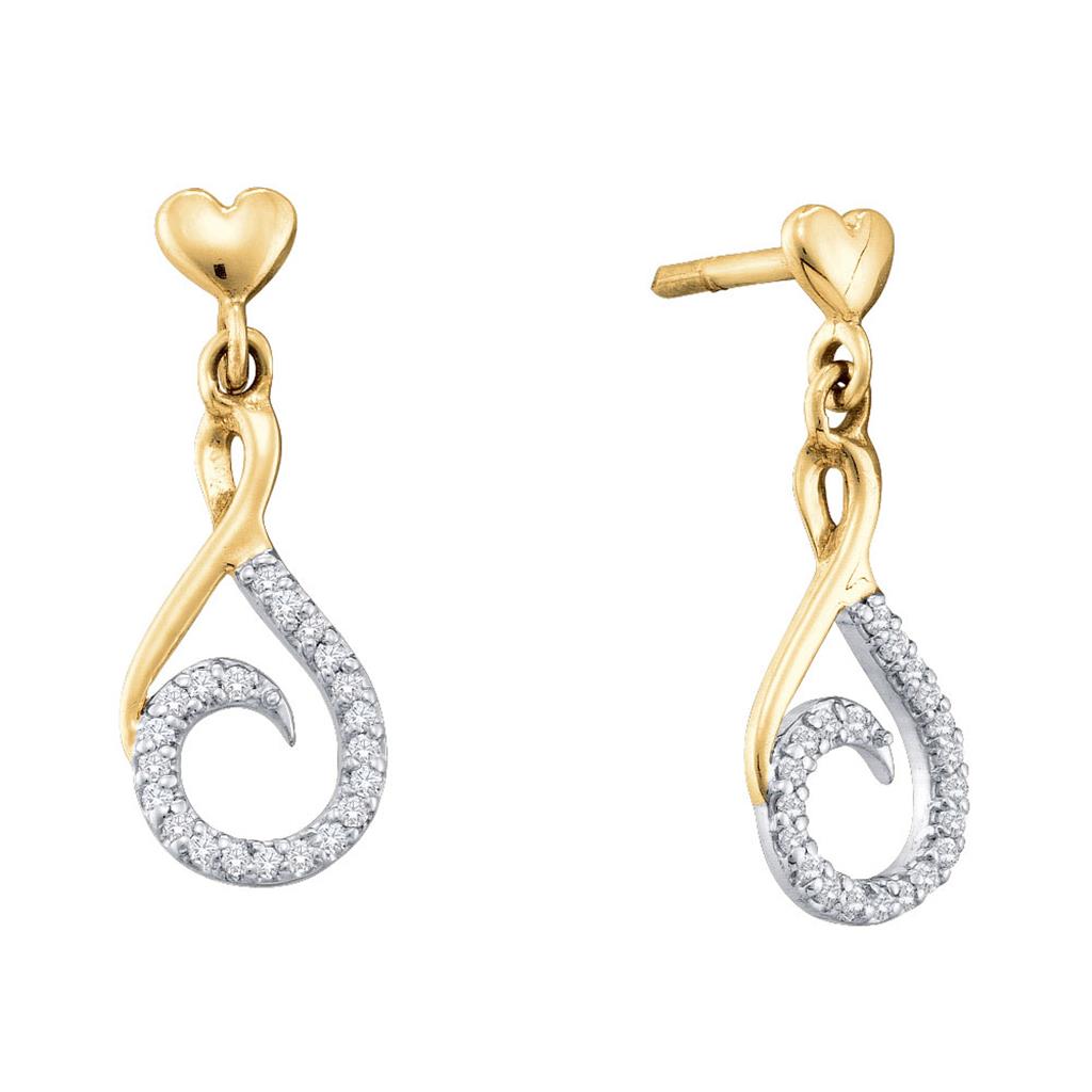 10k Yellow Gold Round Diamond Curl Dangle Earrings 1/8 Cttw