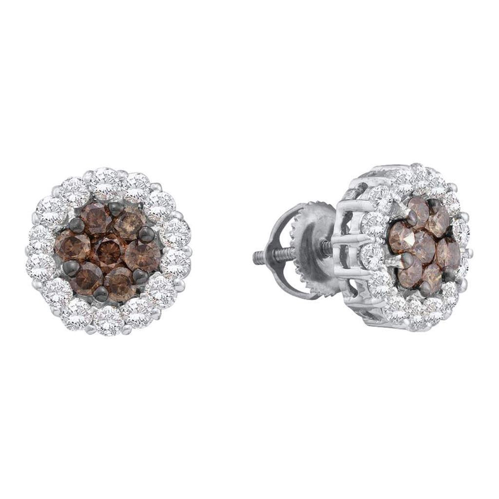14k White Gold Round Brown Diamond Flower Cluster Earrings 1-1/2 Cttw