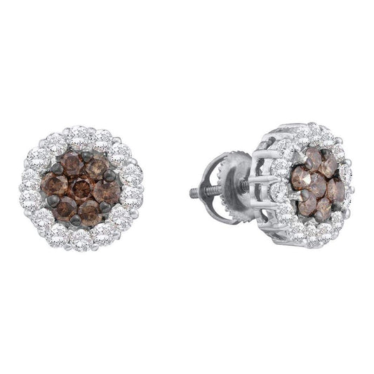 14k White Gold Round Brown Diamond Flower Cluster Earrings 1-1/2 Cttw
