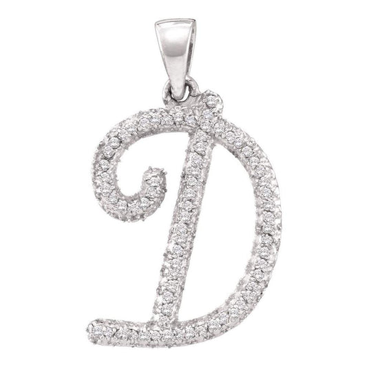 14k White Gold Round Diamond Cursive D Letter Pendant 1/6 Cttw
