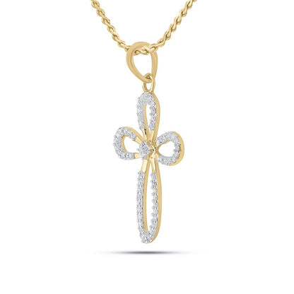 10k Yellow Gold Round Diamond Oblong Cross Outline Pendant 1/5 Cttw
