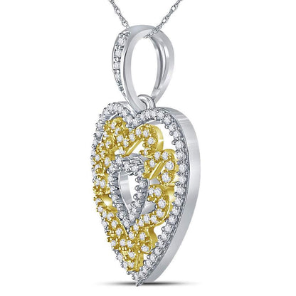 10kt Yellow Gold Round Diamond Nested Curl Heart Pendant 1/2 Cttw