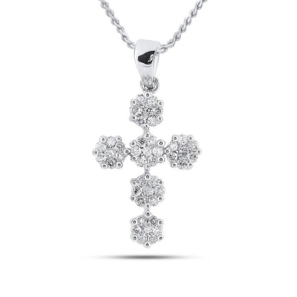14k White Gold Round Diamond Cluster Cross Religious Pendant 1/2 Cttw