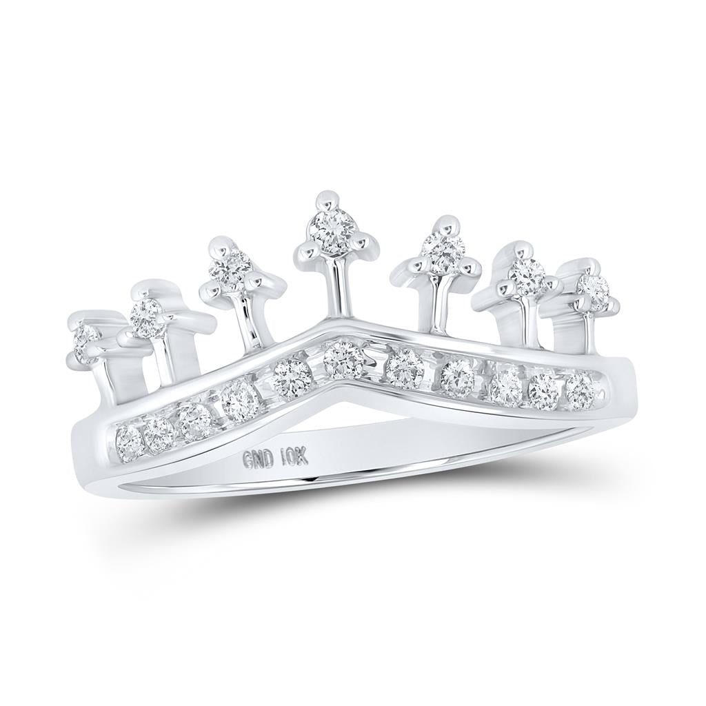 14k White Gold Round Diamond Crown Tiara Band Ring 1/5 Cttw