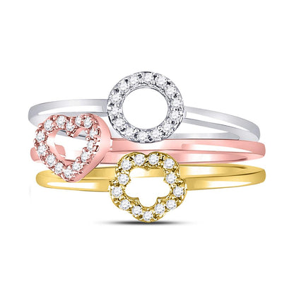 10k Tri-Tone Gold Round Diamond 3-Piece Stackable Band Ring 1/5 Cttw
