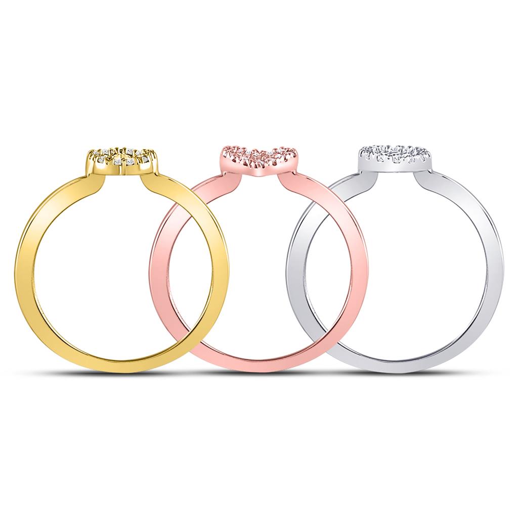 10k Tri-Tone Gold Round Diamond 3-Piece Stackable Band Ring 1/5 Cttw