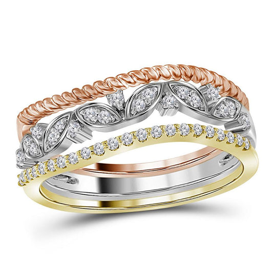10k Tri-Tone Gold Diamond Stackable Rope Floral Band Ring 3-Piece Set 1/5 Cttw