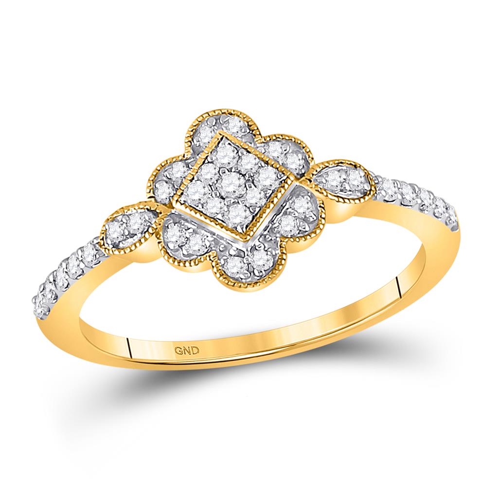 10k Yellow Gold Round Diamond Flower Square Fashion Ring 1/4 Cttw