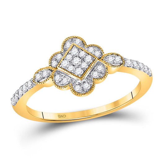 10k Yellow Gold Round Diamond Flower Square Fashion Ring 1/4 Cttw