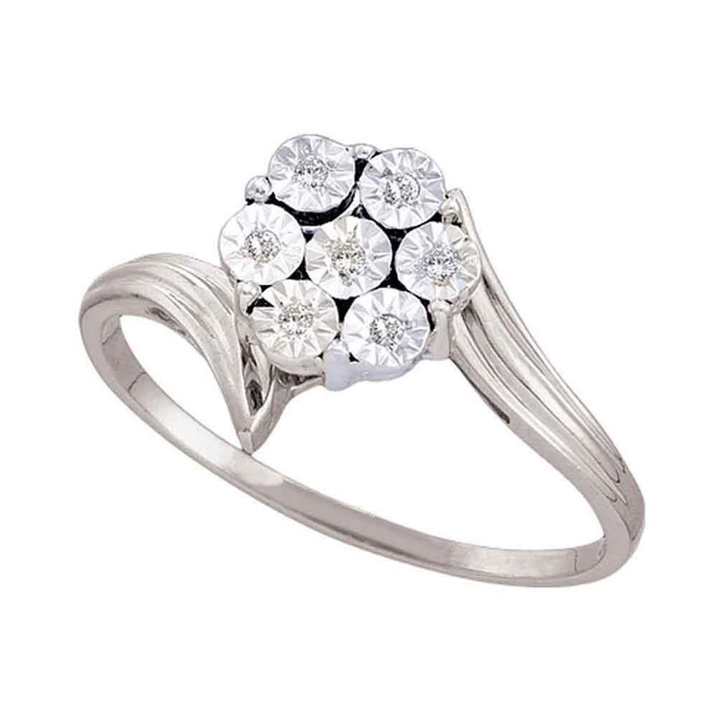14k White Gold Round Diamond Miracle Flower Cluster Ring 1/20 Cttw