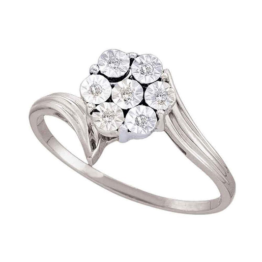 14k White Gold Round Diamond Miracle Flower Cluster Ring 1/20 Cttw
