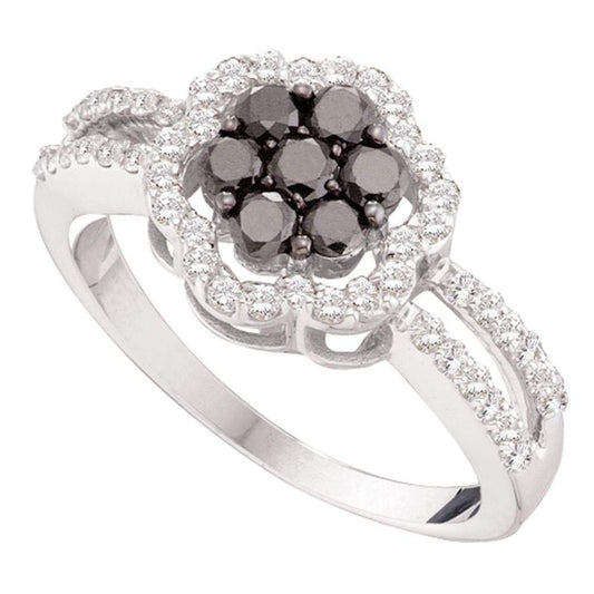 14k White Gold Round Black Diamond Flower Cluster Ring 7/8 Cttw