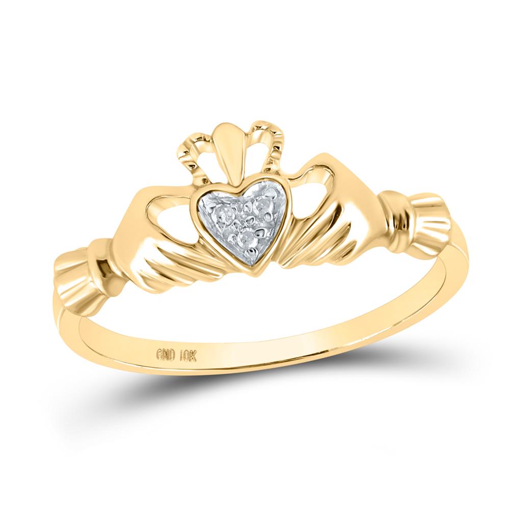 14k Yellow Gold Round Diamond Claddagh Heart Ring .02 Cttw