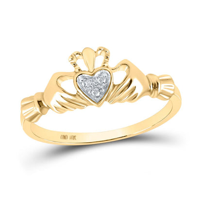 14k Yellow Gold Round Diamond Claddagh Heart Ring .02 Cttw