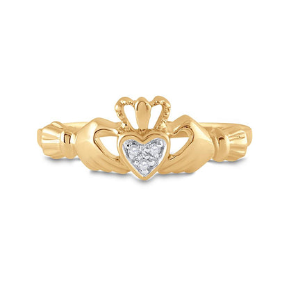 10k Yellow Gold Round Diamond Claddagh Heart Ring .02 Cttw