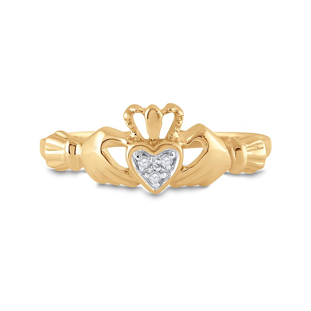 14k Yellow Gold Round Diamond Claddagh Heart Ring .02 Cttw