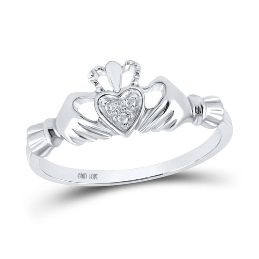 14k White Gold Round Diamond Claddagh Heart Ring .02 Cttw