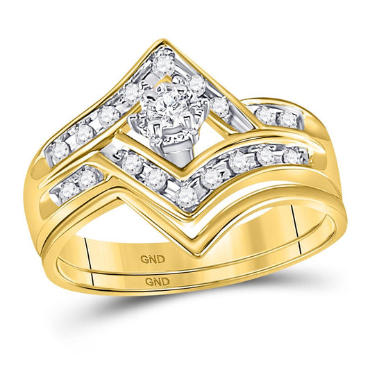 14k Two-tone Gold Round Diamond Chevron Bridal Wedding Ring Set 1/4 Cttw