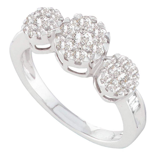 14k White Gold Round Diamond Triple Flower Cluster Ring 3/4 Cttw