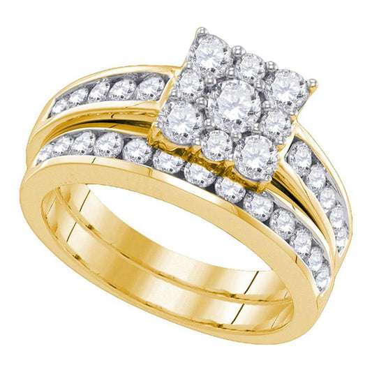 14k Yellow Gold Round Diamond Halo Bridal Wedding Ring Set 1-1/2 Cttw