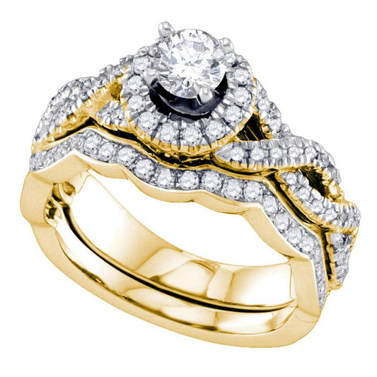 14k Yellow Gold Round Diamond Twist Halo Bridal Wedding Ring Set 1 Cttw (Certified)