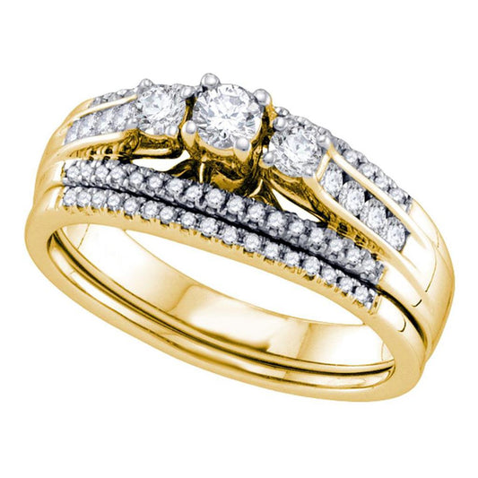 14k Yellow Gold 3-stone Diamond Wedding Bridal Engagement Ring Band Set 1/2 Cttw