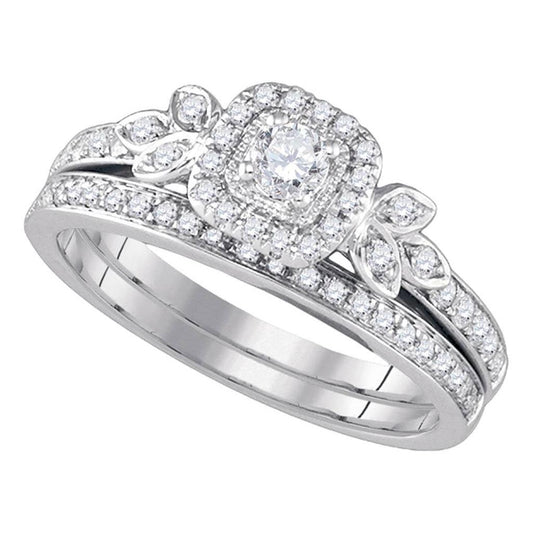 14k White Gold Round Diamond Floral Halo Bridal Wedding Ring Set 1/2 Cttw