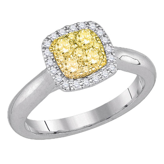 14kt White Gold Womens Round Yellow Canary Diamond Square Cluster Ring 1/2 Cttw