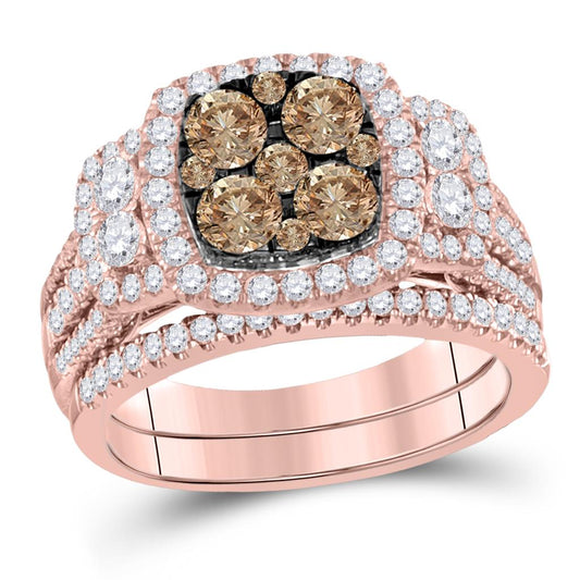 14k Rose Gold Round Brown Diamond Bridal Wedding Ring Set 2 Cttw