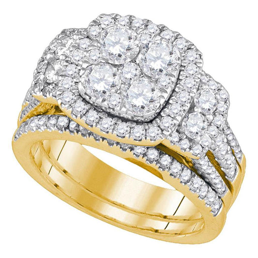 14k Yellow Gold Round Diamond Cluster Bridal Wedding Ring Set 2 Cttw