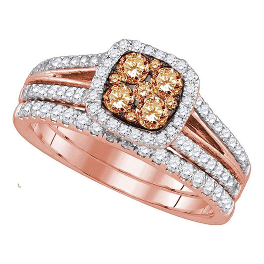 14k Rose Gold Round Brown Diamond Square Cluster Bridal Wedding Ring Set 1 Cttw