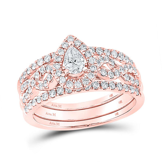 14k Rose Gold Pear Diamond 3-Piece Bridal Wedding Ring Set 7/8 Cttw (Certified)