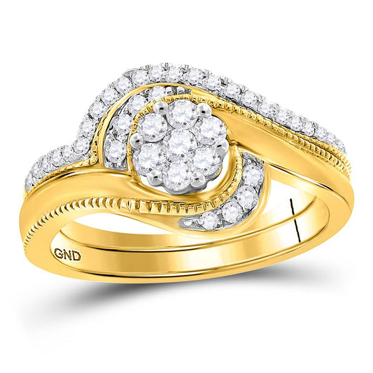 14k Yellow Gold Round Diamond Cluster Bridal Wedding Ring Set 3/8 Cttw