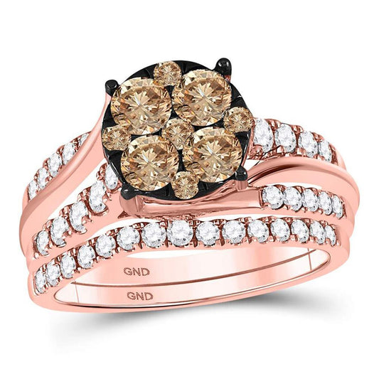 14k Rose Gold Round Brown Diamond Bridal Wedding Ring Set 1-1/2 Cttw
