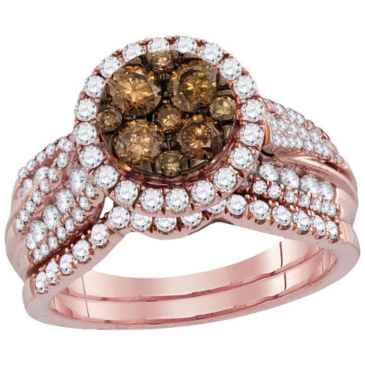 14k Rose Gold Round Brown Diamond Bridal Wedding Ring Set