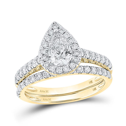 14k Yellow Gold Pear Diamond Halo Bridal Wedding Ring Set 1-1/2 Cttw (Certified)