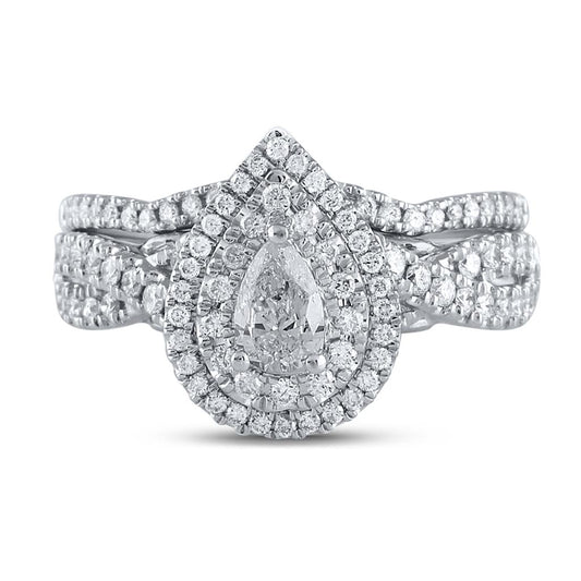 14k White Gold Pear Diamond Bridal Wedding Ring Set 1 Cttw (Certified)